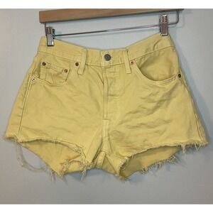 Levi Shorts Womens 26 Yellow‎ 501 Button Fly Cut Off Medium Wash Frayed Hem EUC